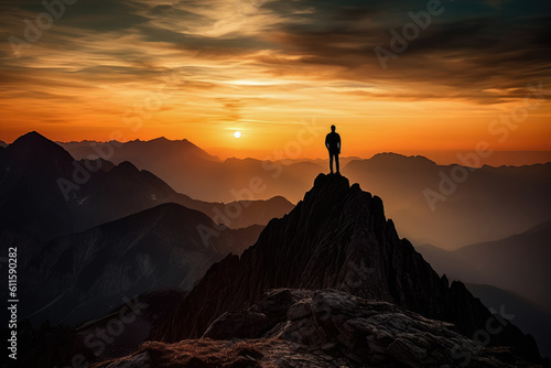 Silhouette of a triumphant individual standing a mountain peak , Leadership Concept , Created with generative AI