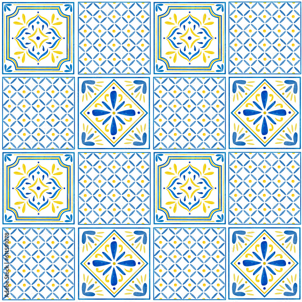 Watercolor blue Italian tiles seamless pattern ilustração do Stock