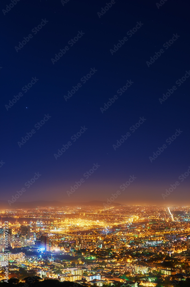 Night, sky and city with lights, buildings and Cape Town with view, traffic and urban development. Future, cloud and industry with growth, transportation and landscape with streets, dark and travel