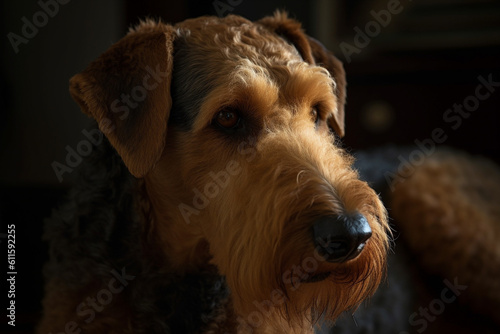 Portrait of a dog of the Airedale Terrier breed close-up, generative ai