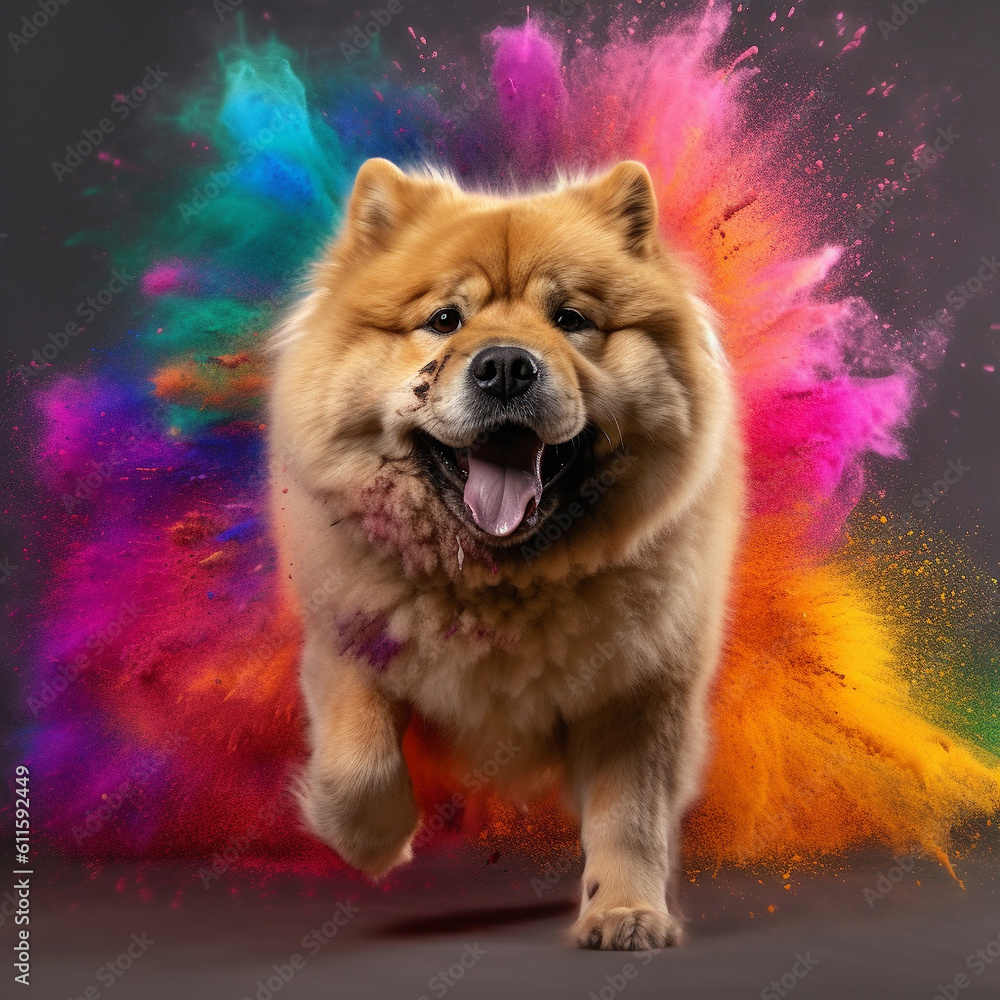 A cheerful playful dog jumps up among the colors of Holi, Chow Chow on a bright multi-colored background, generative ai
