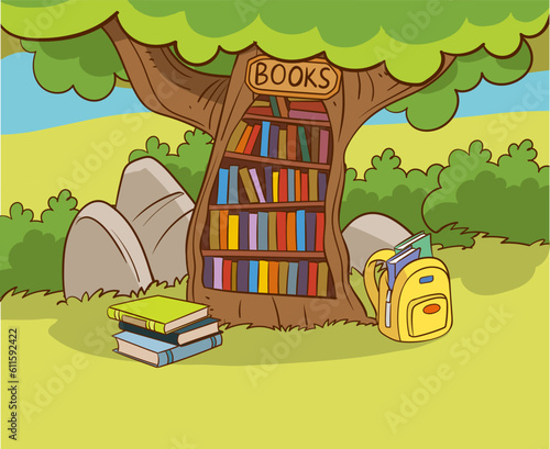 .Books day, outdoor library for smart animals. Book reader, cute woodland life and back to school classy vector scene