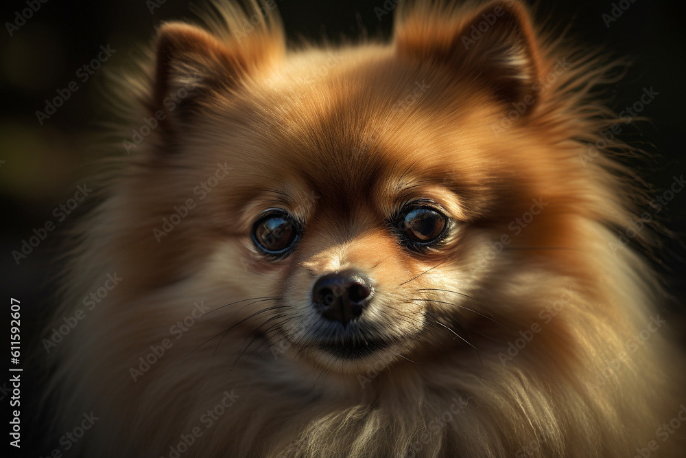 Portrait of a dog of the Pomeranian breed close-up, generative ai