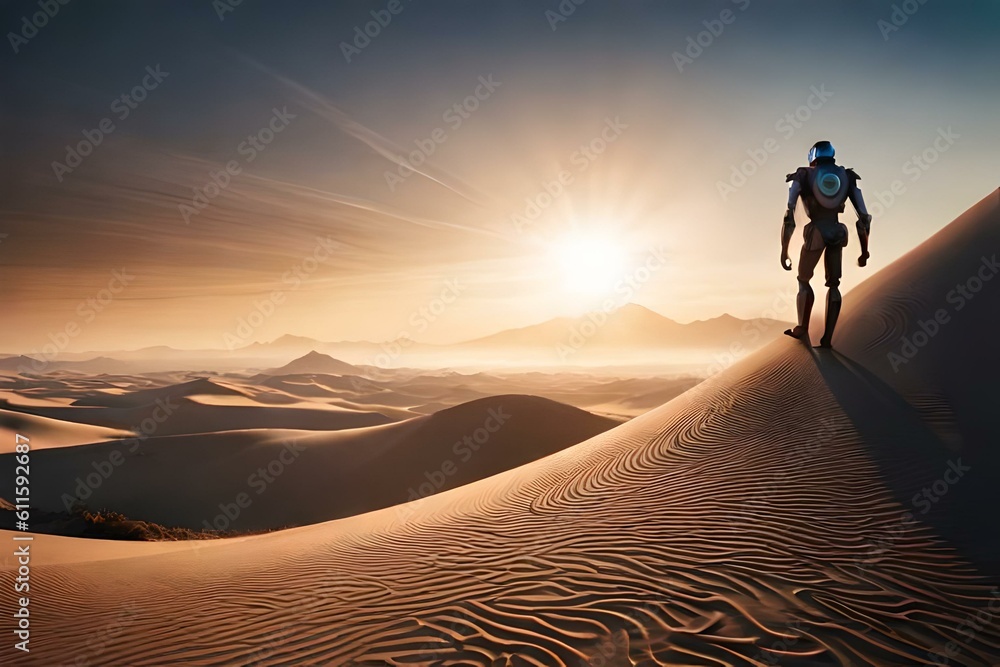 A robot walking in the vast desert during sunrise.