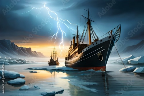 Ships sailing in the sea during storm at night.
