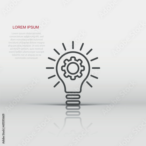 Fototapeta Naklejka Na Ścianę i Meble -  Innovation icon in flat style. Lightbulb with cogwheel vector illustration on white isolated background. Idea business concept.