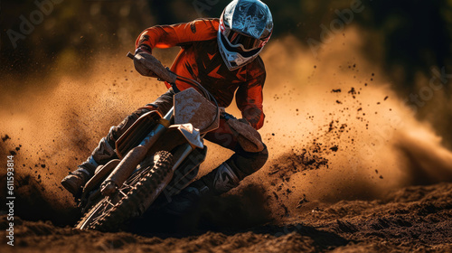Dirt bike rider racing down a dirt track. Generative AI