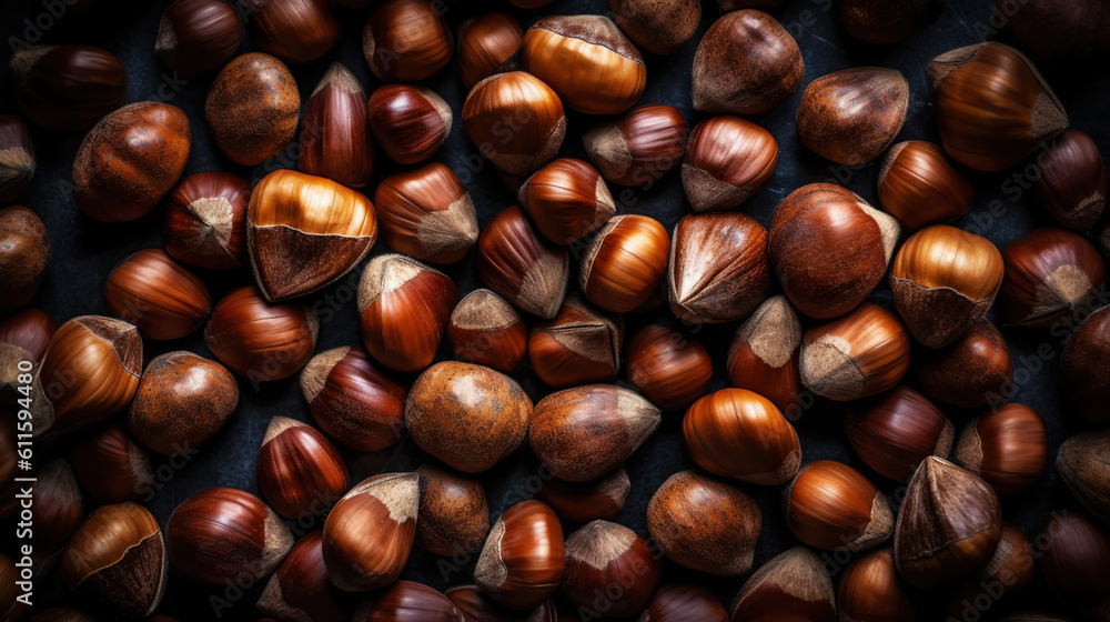 Top view on heap of chestnuts. Pile of ripe chestnuts for food background. Generative AI Top view on heap of chestnuts. Pile of ripe chestnuts for food background. Generative AI