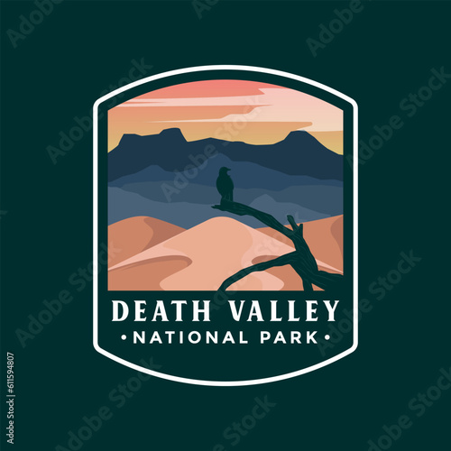 Death Valley Emblem Patch Illustrations Design with Simple Raven in Dry Wood Concept.