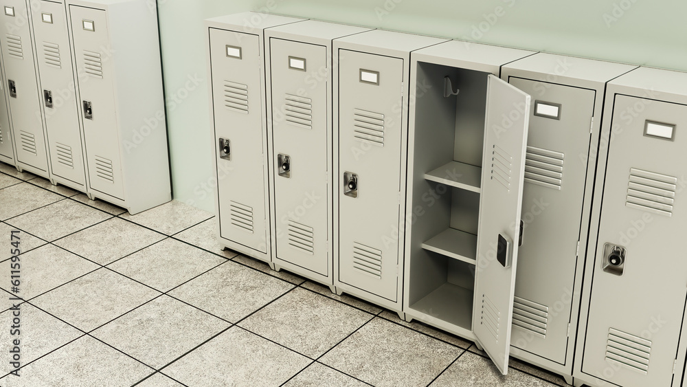 Metal locker storage cabinets for school, fitness club or gym in a row. 3D illustration Metal locker storage cabinets for school, fitness club or gym in a row. 3D illustration