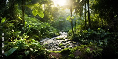 amazon rainforest with tropical vegetation, a creek runs through a mysterious jungle, a mountain stream in a lush green valley, fictional landscape created with generative ai