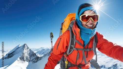 Beautiful woman mountaineer happily at the top of the world’s highest mountain. Generative AI