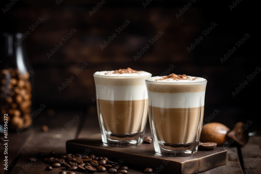 Coffee latte macchiato with whipped cream and coffee beans, Glasses with delicious latte macchiato with coffee, AI Generated Coffee latte macchiato with whipped cream and coffee beans, Glasses with delicious latte macchiato with coffee, AI Generated