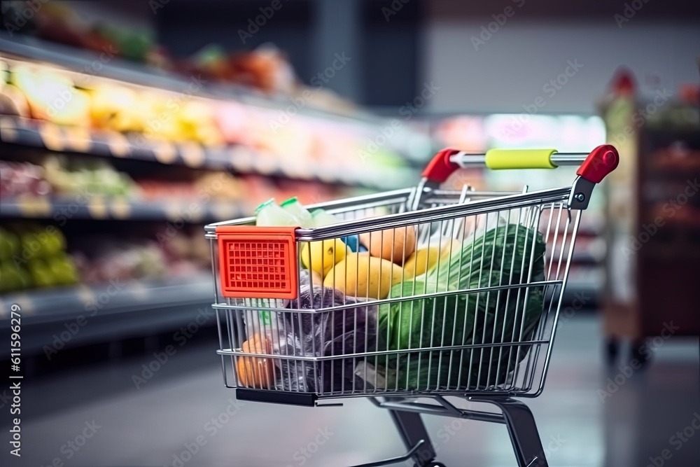 Shopping cart full of groceries in a supermarket. Shallow depth of field, Groceries in a shopping cart inside a blurry supermarket, AI Generated