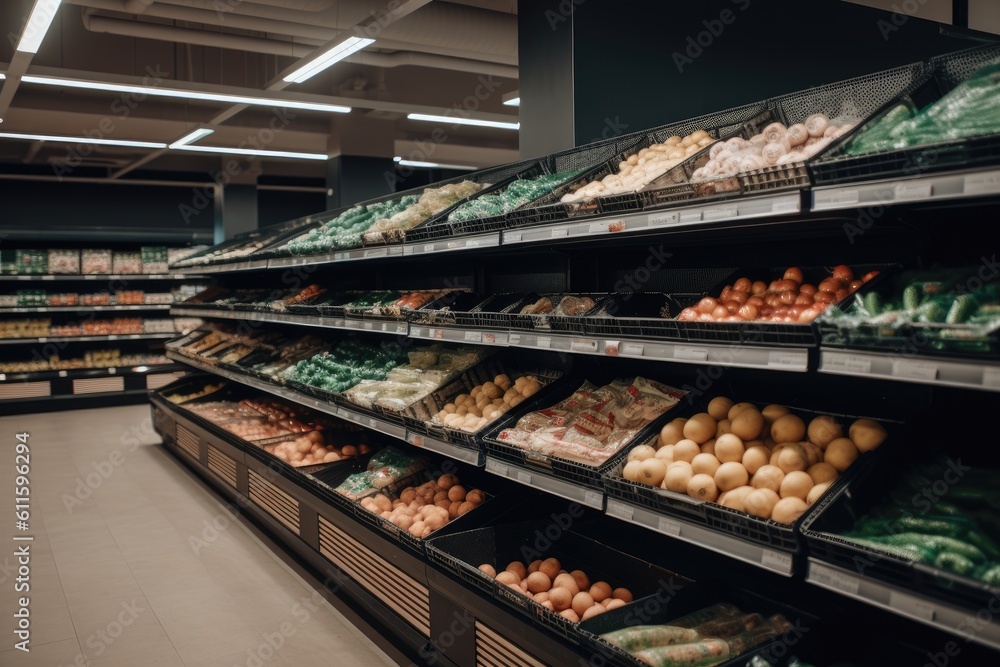 Supermarket aisle with fresh fruits and vegetables in grocery store or supermarket, Grocery and vegetable shelves in the supermarket, AI Generated