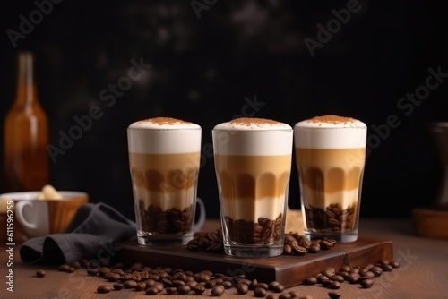 Dalgona coffee with whipped cream and coffee beans on dark background, Glasses with delicious latte macchiato with coffee, AI Generated