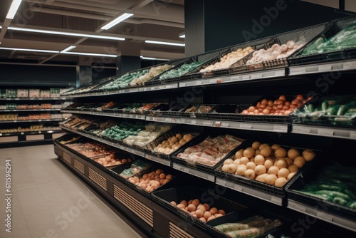 Supermarket aisle with fresh fruits and vegetables in grocery store or supermarket, Grocery and vegetable shelves in the supermarket, AI Generated © Iftikhar alam