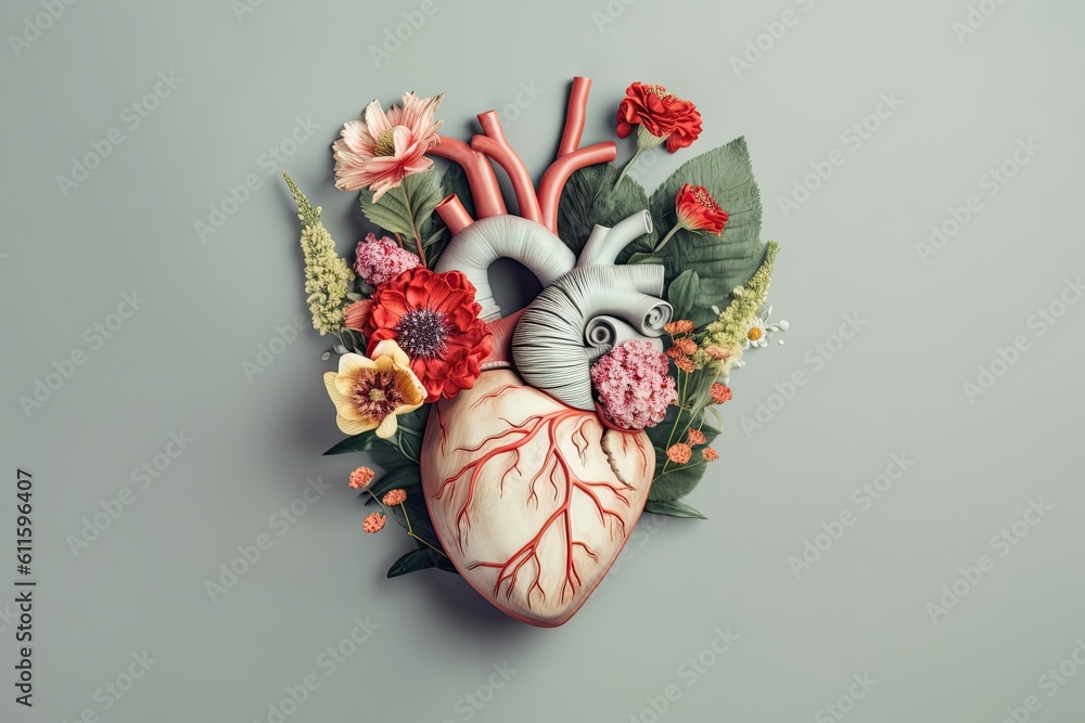 Heart with human organ and flowers on gray background. Concept of healthy heart.  Human heart with flowers love and emotion concept, AI Generated