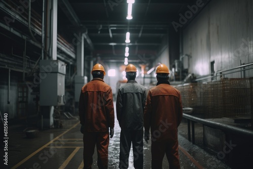 Industrial workers in safety clothing and helmets are standing in the factory. Industrial workers full rear view working on Industrial space, AI Generated
