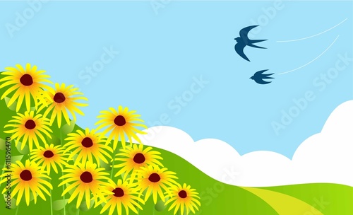 黄色の花とツバメのイラスト