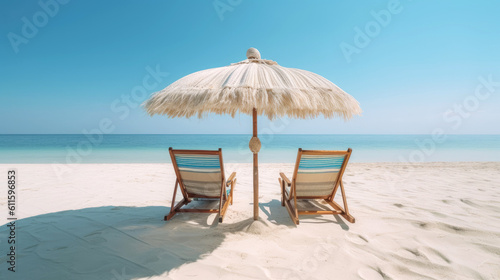 Pair of beach chairs under an umbrella in a tropical beach. Generative AI