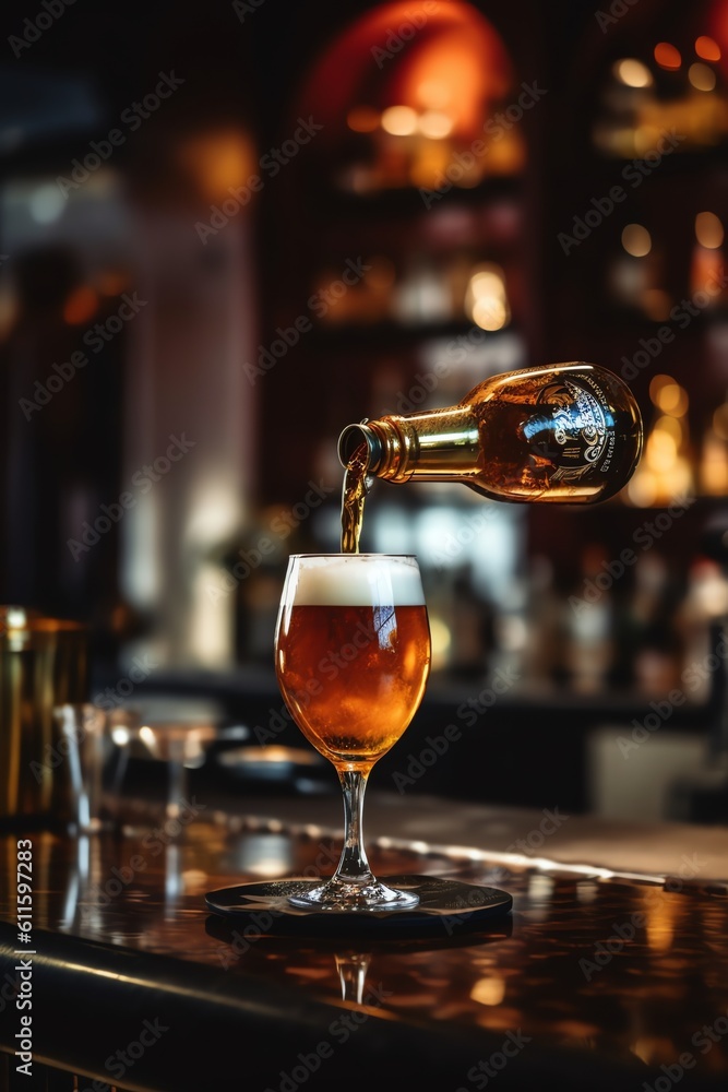 pouring beer into a glass with a bar atmosphere in the background