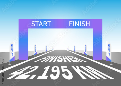 Running Competition Event or  Marathon Running Event at Start and Finish Point. Vector Illustration. 