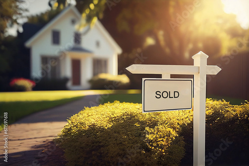 Sold sign in front of beautiful new house Generative AI photo
