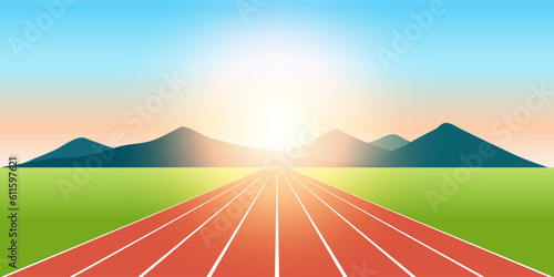 Running Track or Athlete Track with Sunrise. Vector Illustration.