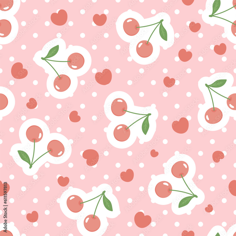 red cute cherries on a polka dot texture with kawaii hearts on a pink girly background, food seamless pattern for wrapping paper, fabric and textile vector print
