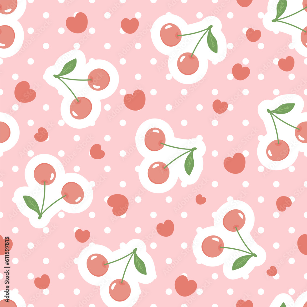 red cute cherries on a polka dot texture with kawaii hearts on a pink girly background, food seamless pattern for wrapping paper, fabric and textile vector print red cute cherries on a polka dot texture with kawaii hearts on a pink girly background, food seamless pattern for wrapping paper, fabric and textile vector print