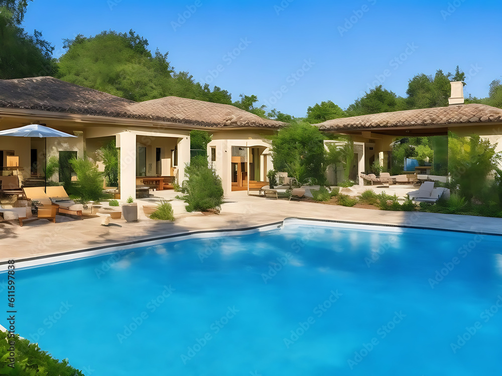 House with a pool in the backyard Luxury sunset backyard Swimming pool.