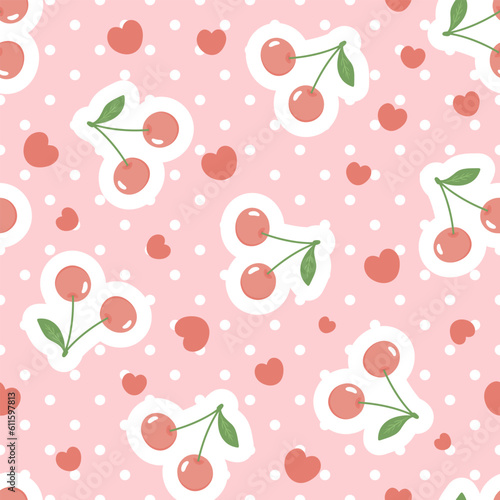 red cute cherries on a polka dot texture with kawaii hearts on a pink girly background, food seamless pattern for wrapping paper, fabric and textile vector print
