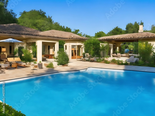 House with a pool in the backyard Luxury sunset backyard Swimming pool. © shamimhaque17