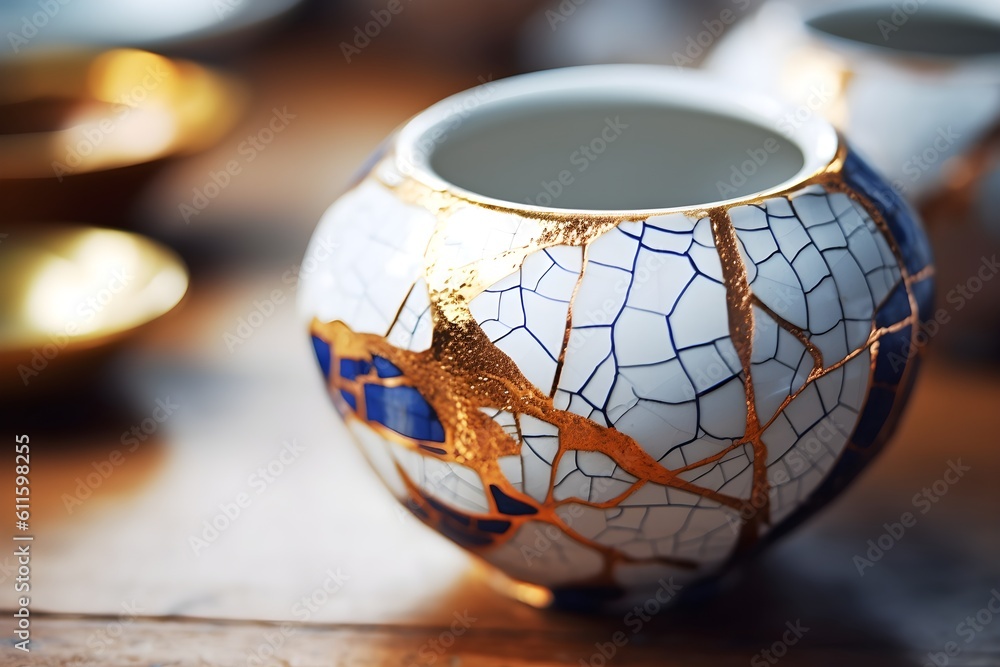 Kintsugi Japanese white, blue and gold pottery Kintsugi Japanese white, blue and gold pottery