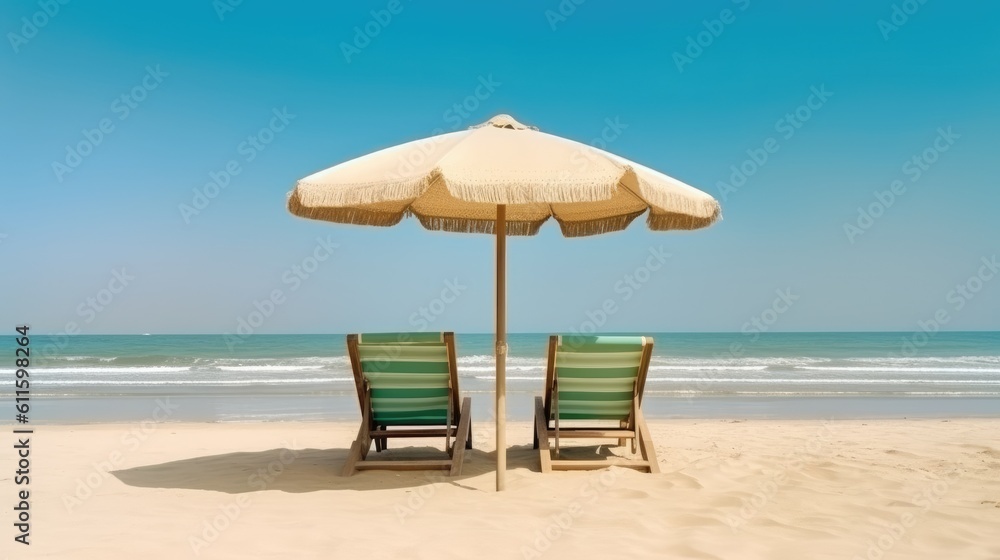 Pair of beach chairs under an umbrella in a tropical beach. Generative AI
