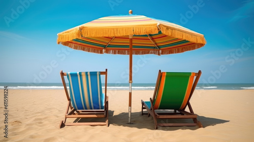 Pair of beach chairs under an umbrella in a tropical beach. Generative AI © piai