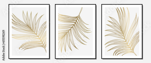 A set of three paintings in a tropical style in light colors with golden palm leaves. Paintings for decoration, interior design.