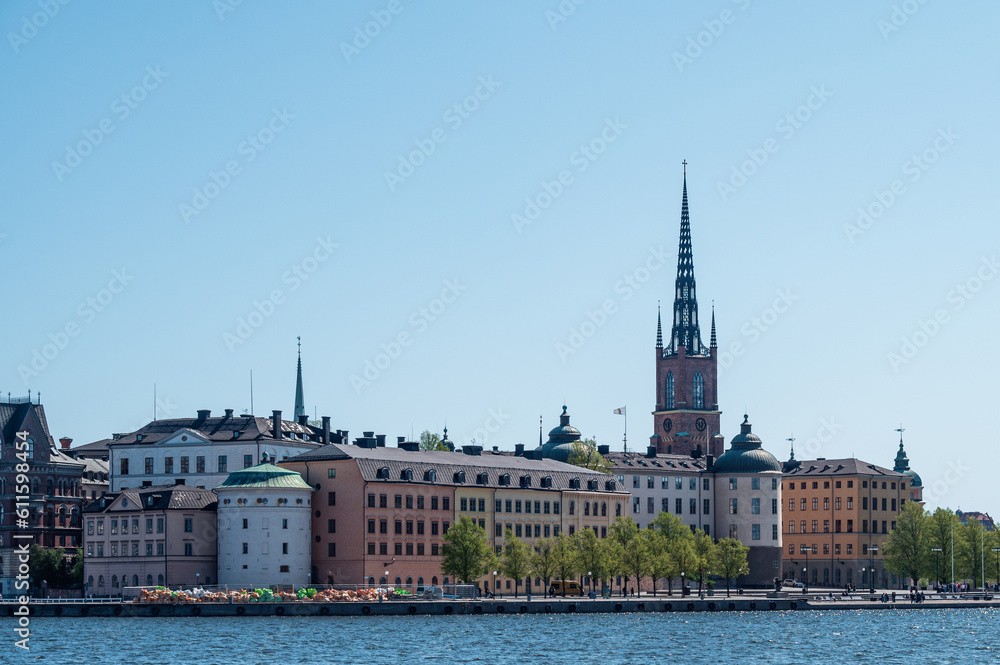 Naklejka premium Stockholm architecture on Riddarholmen and the church Riddarholmskyrkan