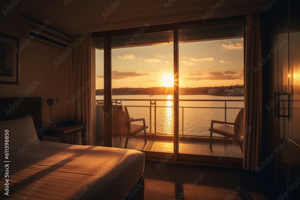 Obraz premium Hotel room sunset. Generate Ai