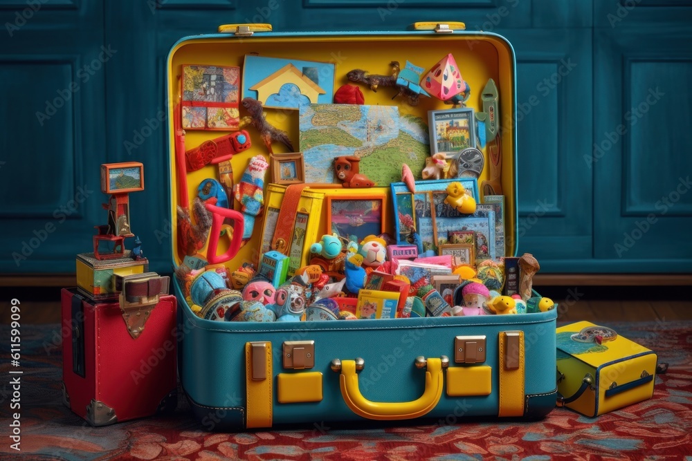 A vibrant suitcase filled with colorful souvenirs from around the world, ready for adventure. Generative AI