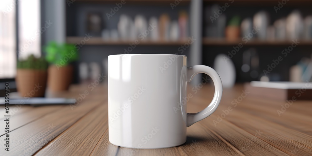 AI Generated. AI Generative. Ceramic white color mug cup morning tea coffee on wood table in bright kitchen. Can be used for promotrion or graphic design brand. Graphic Art AI Generated. AI Generative. Ceramic white color mug cup morning tea coffee on wood table in bright kitchen. Can be used for promotrion or graphic design brand. Graphic Art