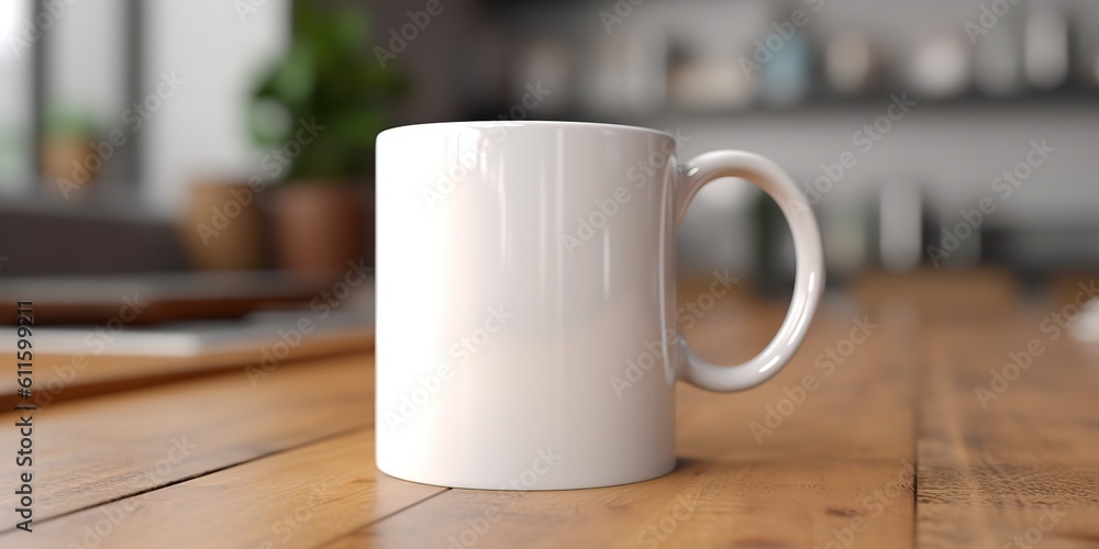 AI Generated. AI Generative. Ceramic white color mug cup morning tea coffee on wood table in bright kitchen. Can be used for promotrion or graphic design brand. Graphic Art AI Generated. AI Generative. Ceramic white color mug cup morning tea coffee on wood table in bright kitchen. Can be used for promotrion or graphic design brand. Graphic Art