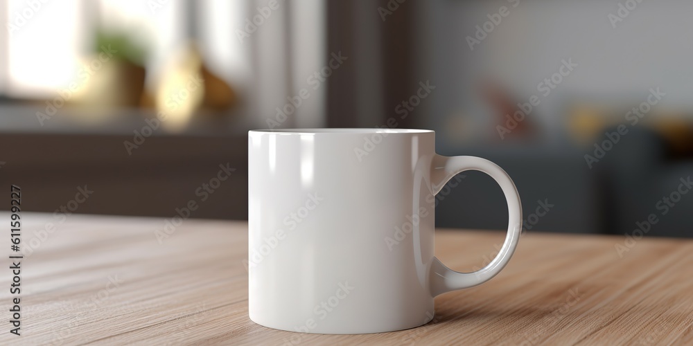 AI Generated. AI Generative. Ceramic white color mug cup morning tea coffee on wood table in bright kitchen. Can be used for promotrion or graphic design brand. Graphic Art AI Generated. AI Generative. Ceramic white color mug cup morning tea coffee on wood table in bright kitchen. Can be used for promotrion or graphic design brand. Graphic Art