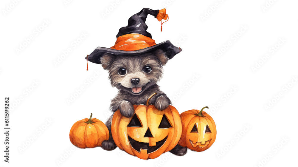 Happy Dog with pumpkin in Halloween Style, watercolor illustration, Transparent File, PNG - Generative Ai artwork