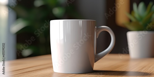 AI Generated. AI Generative. Ceramic white color mug cup morning tea coffee on wood table in bright kitchen. Can be used for promotrion or graphic design brand. Graphic Art