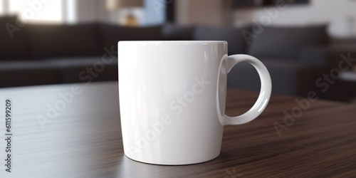 AI Generated. AI Generative. Ceramic white color mug cup morning tea coffee on wood table in bright kitchen. Can be used for promotrion or graphic design brand. Graphic Art