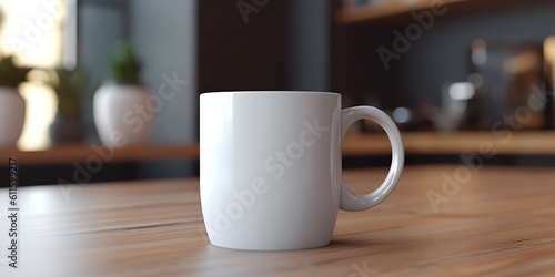 AI Generated. AI Generative. Ceramic white color mug cup morning tea coffee on wood table in bright kitchen. Can be used for promotrion or graphic design brand. Graphic Art