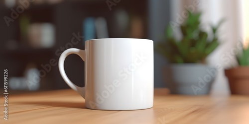 Wallpaper Mural AI Generated. AI Generative. Ceramic white color mug cup morning tea coffee on wood table in bright kitchen. Can be used for promotrion or graphic design brand. Graphic Art Torontodigital.ca