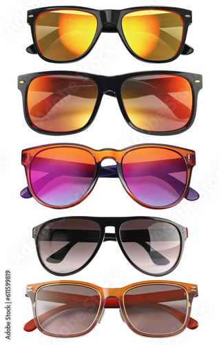 Front view of different sunglasses in different colors on a transparent background, Generative AI